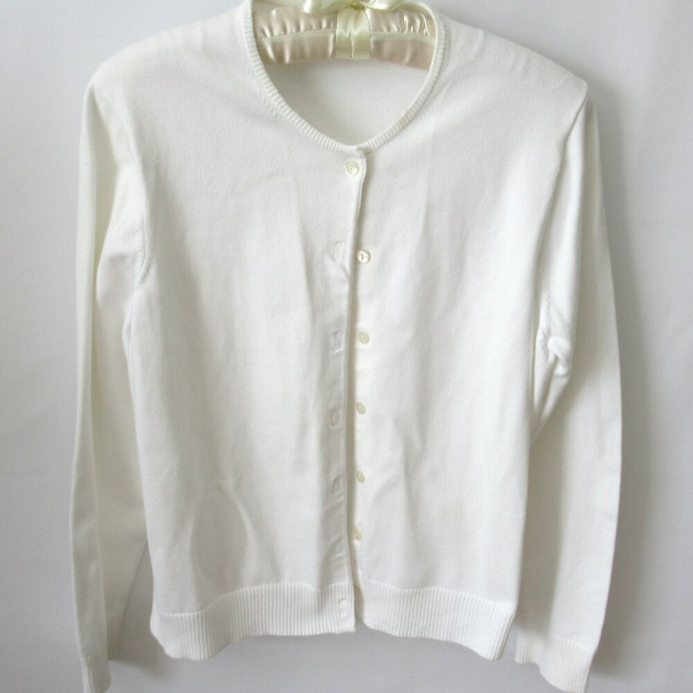 Lands' End white crew neck button front long sleeve cardigan sweater *Sz MP*